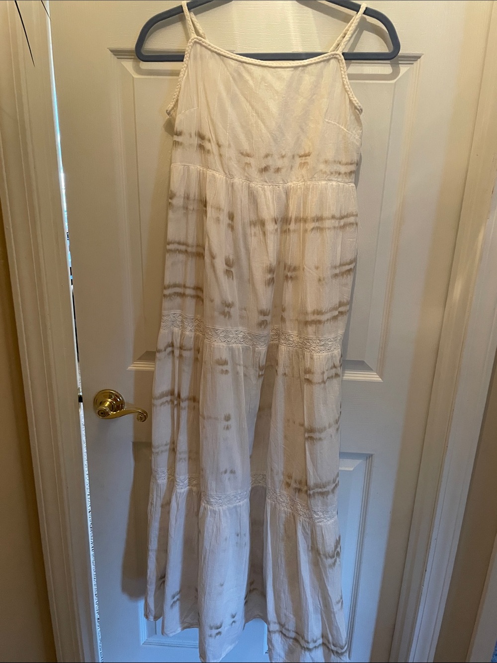 Aiere Tie-Dye Tiered Maxi Dress in Cream and Taupe Boho Maxi
